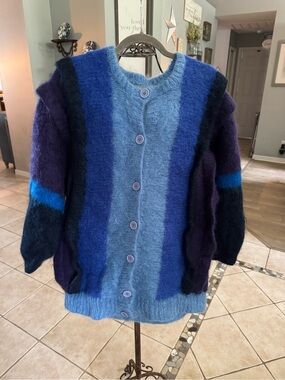 Vintage Fuzzy Mohair Feel Colorblock Cardigan Blue Purple Oversized Cozy Sweater
